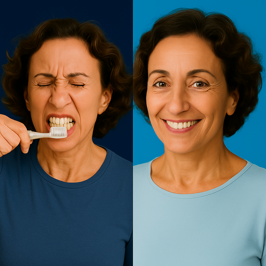 Split image of a woman brushing teeth and smiling.