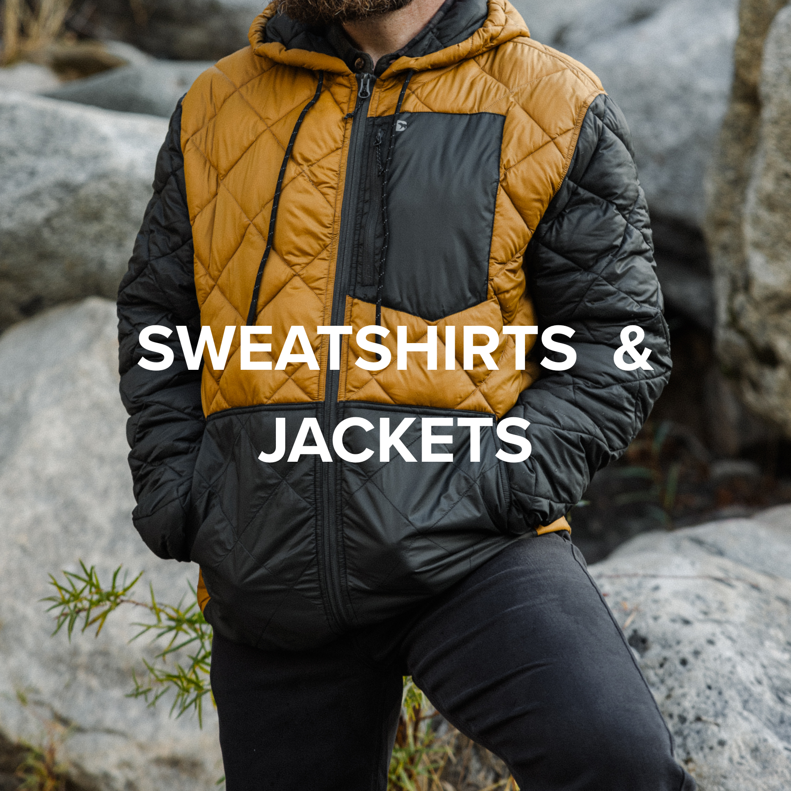 Man in Backyard Quilted Jacket in Cider and Stretch Travel Jean in Charcoal Black