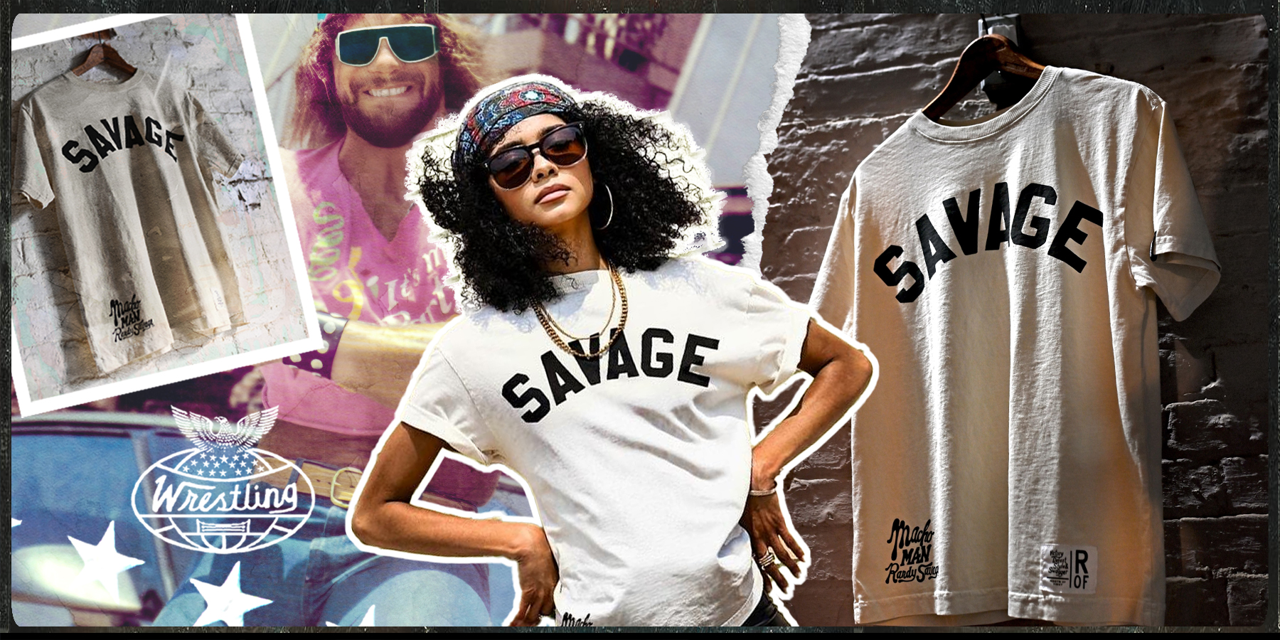 White T-shirt with 'SAVAGE' text hanging on a brick wall.