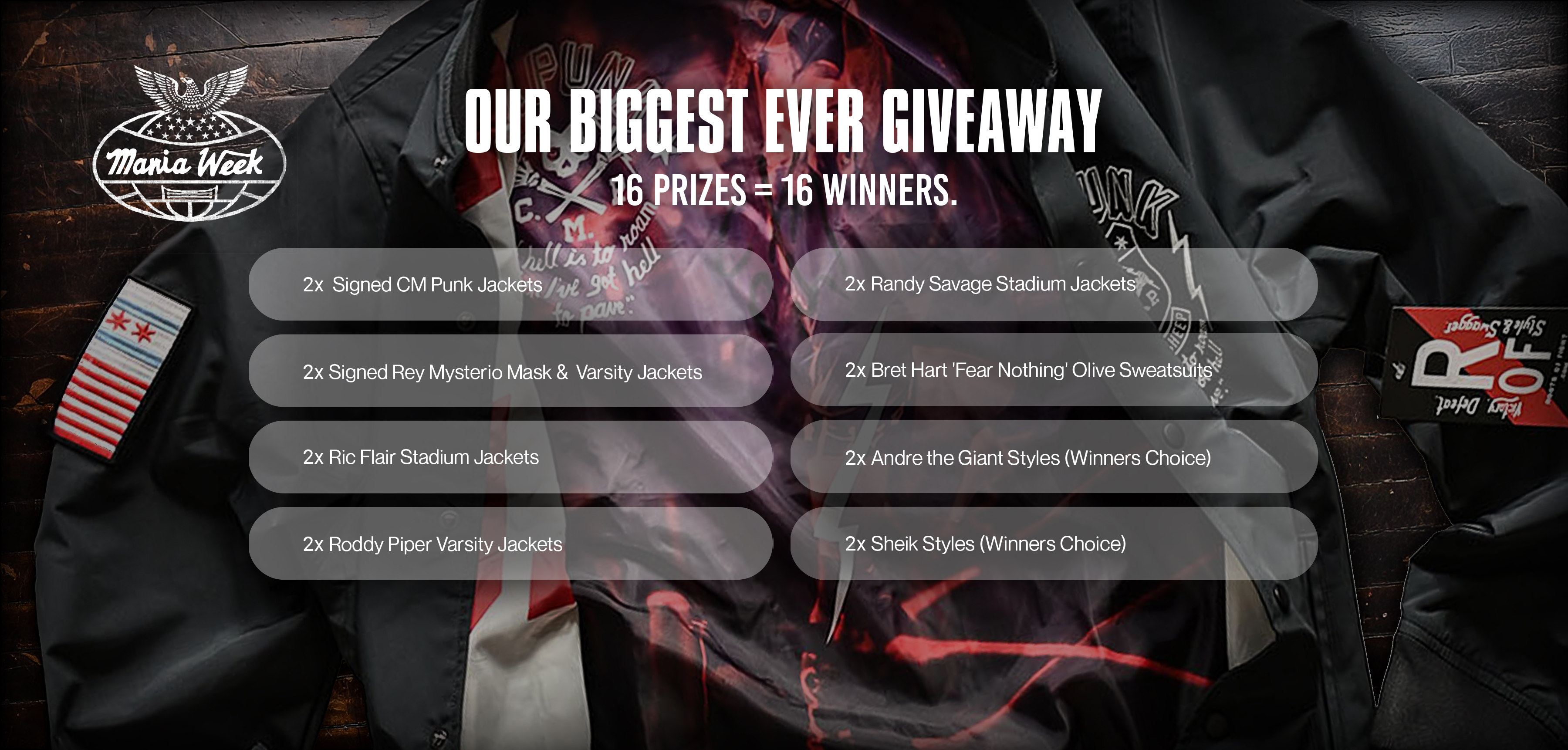 Giveaway announcement with a list of prizes including signed jackets and sweatshirts.