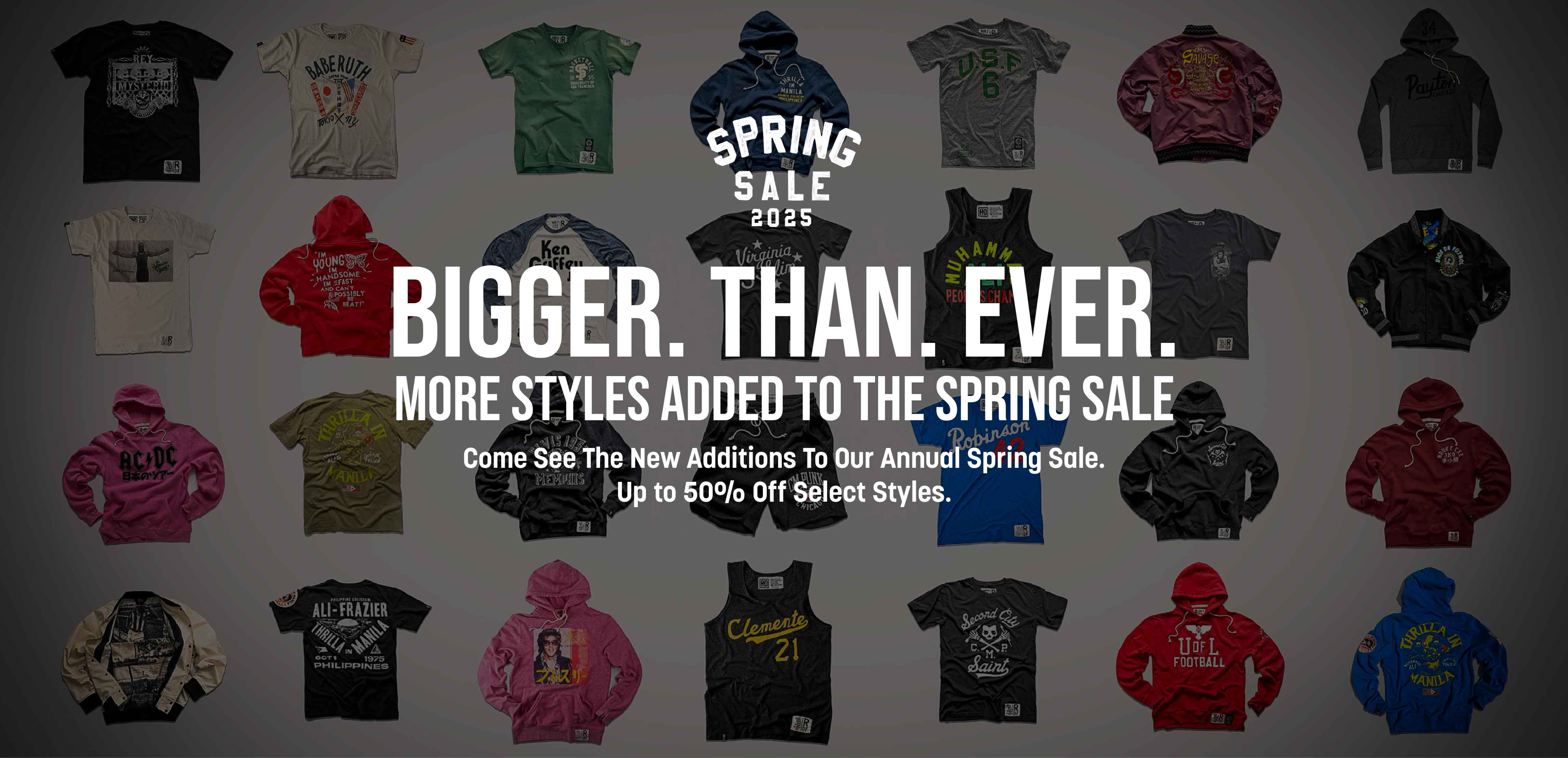 Various sports-themed clothing items displayed with 'Spring Sale 2025' text.