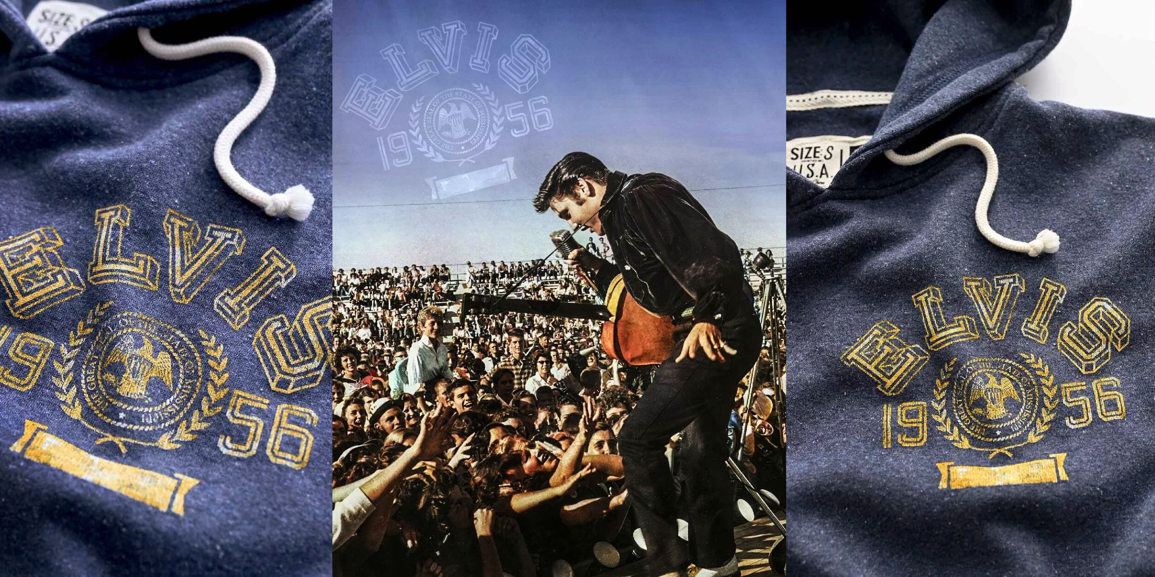 A navy blue hoodie with 'ELVIS 1956' and a crest design in gold.