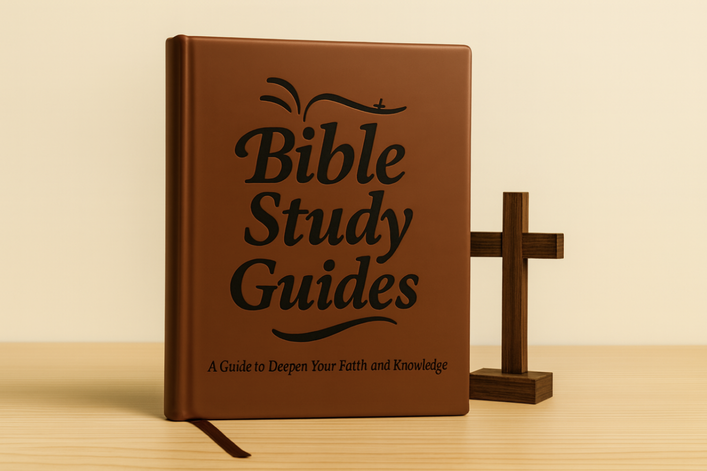 Brown book titled 'Bible Study Guides' next to a wooden cross.