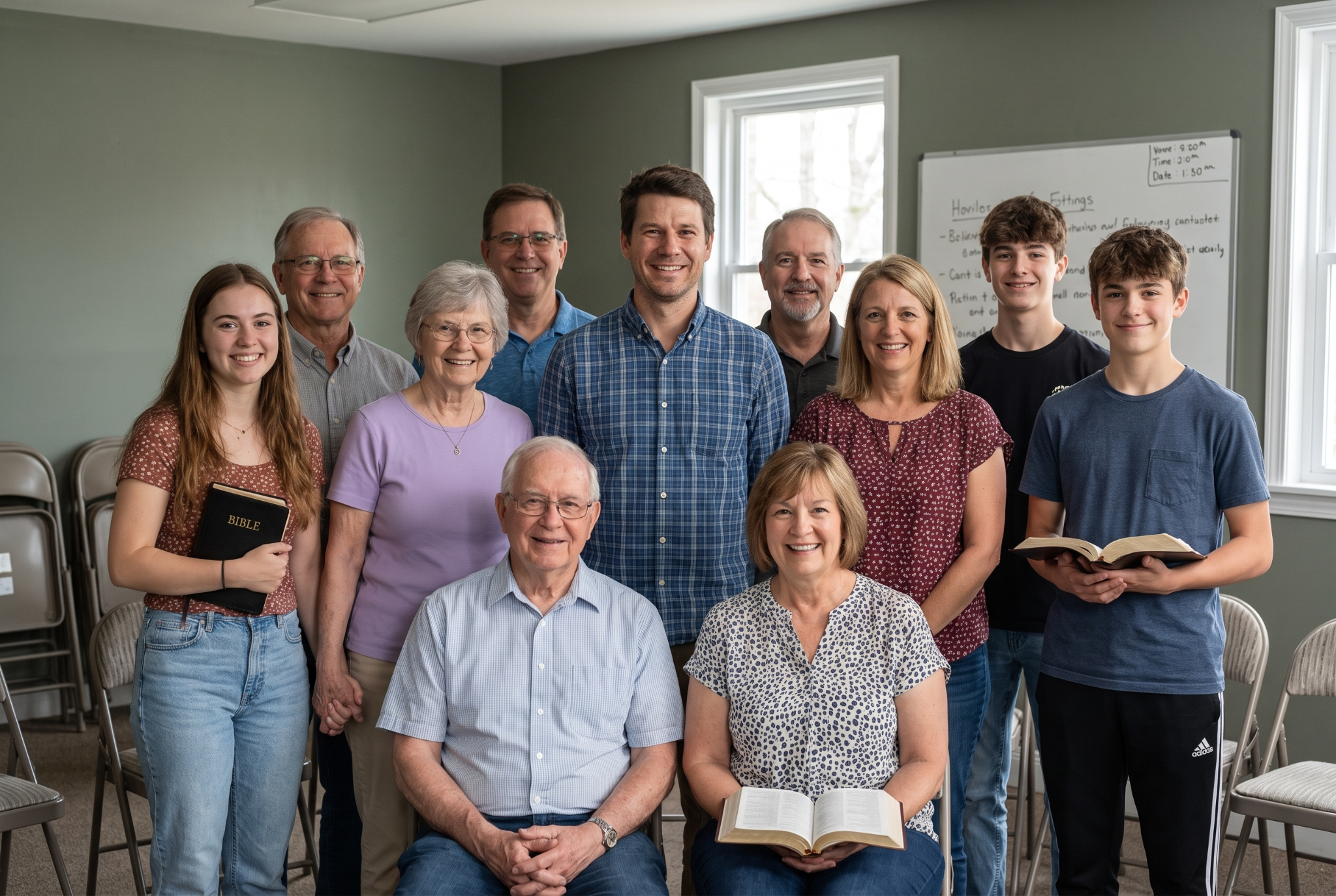 A multi-generational group of people holding Bibles pose for a photo in a room with a whiteboard.