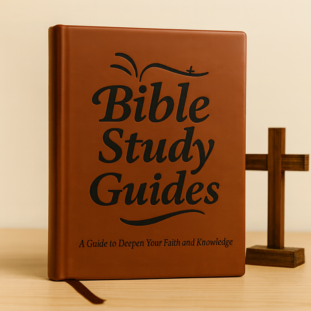 Brown Bible study guidebook on a table with a small wooden cross.