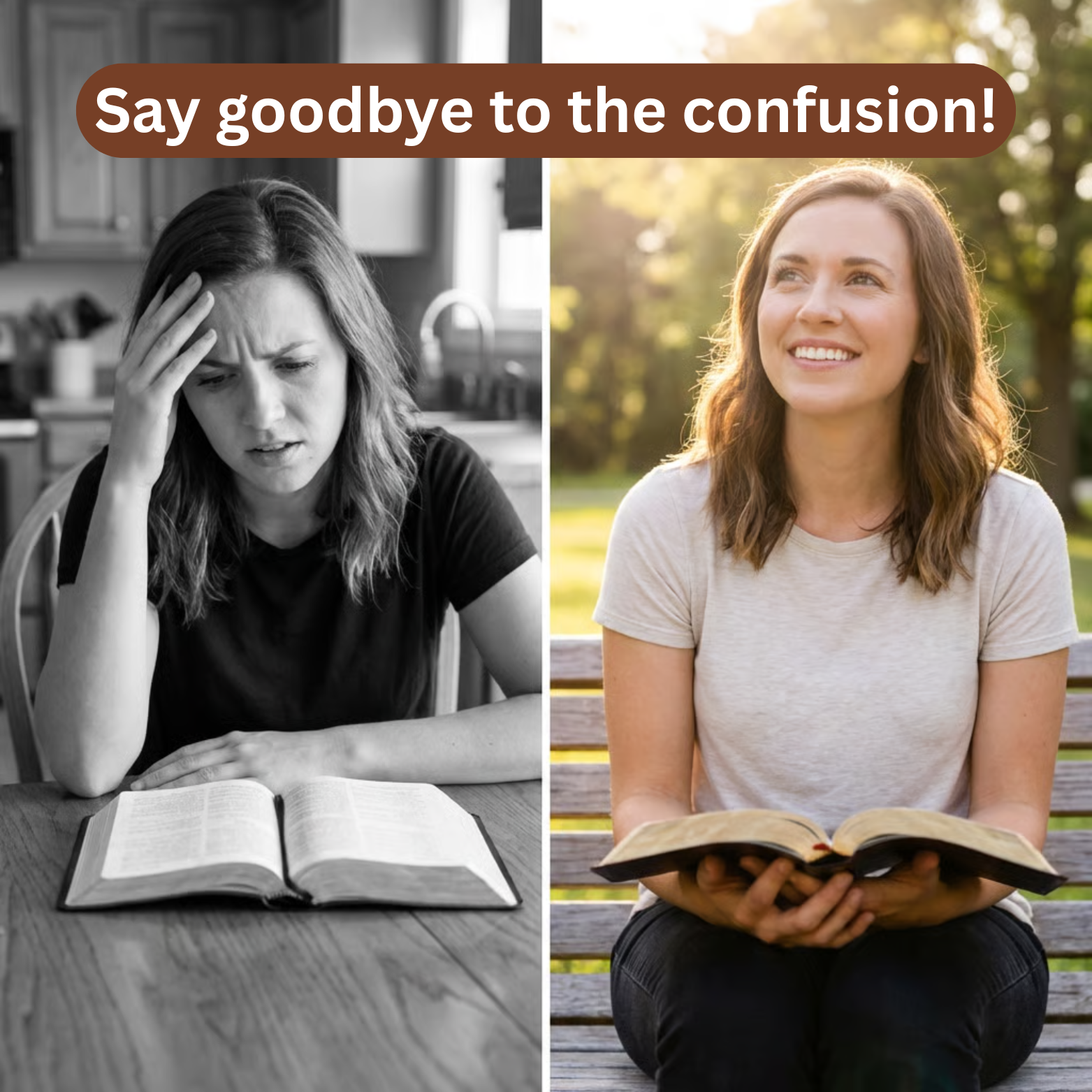 A split image shows a woman looking confused while reading, then smiling happily while reading on a bench.