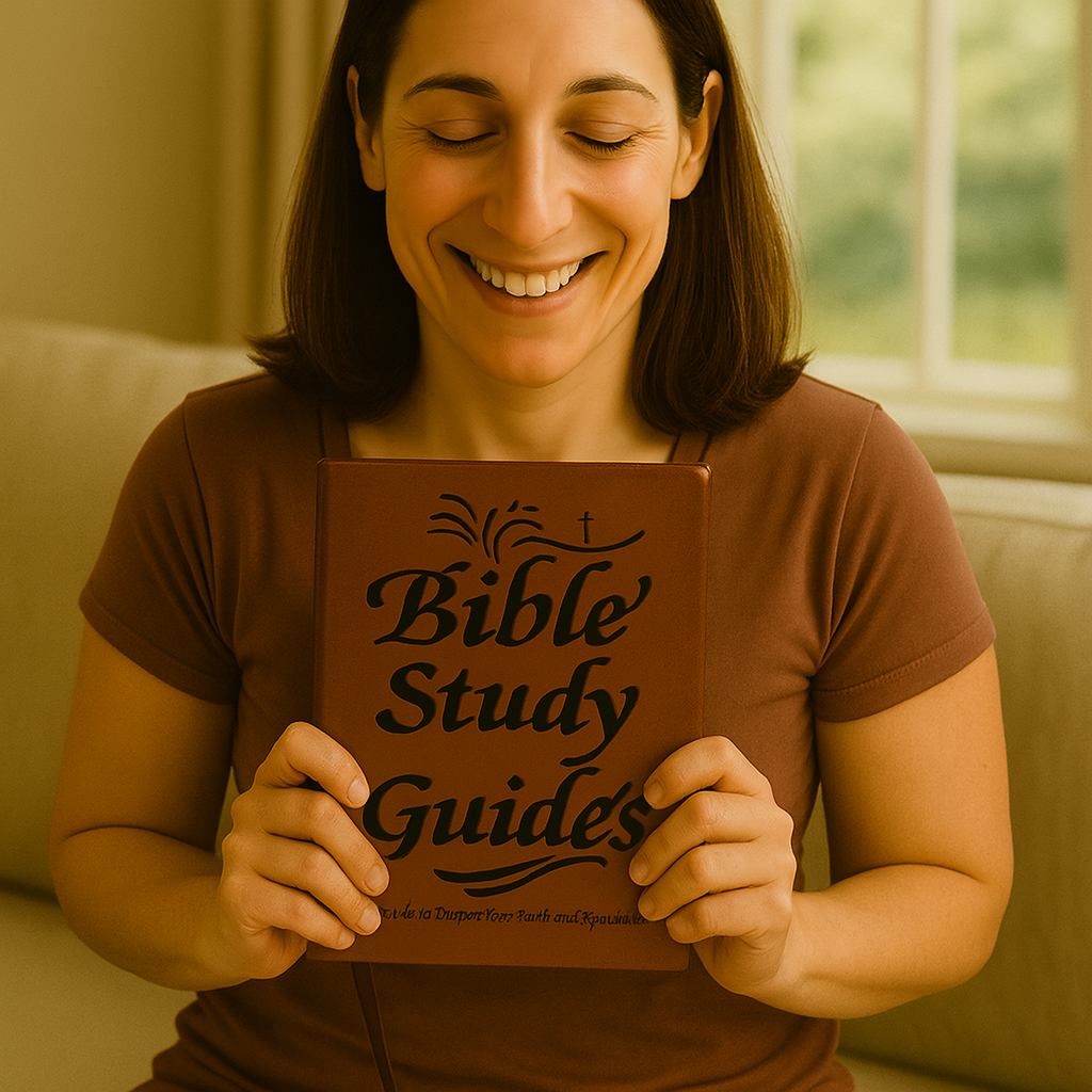 Smiling person holding a book titled 'Bible Study Guides'.