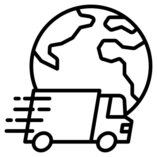 Line drawing of a delivery truck in front of a globe.