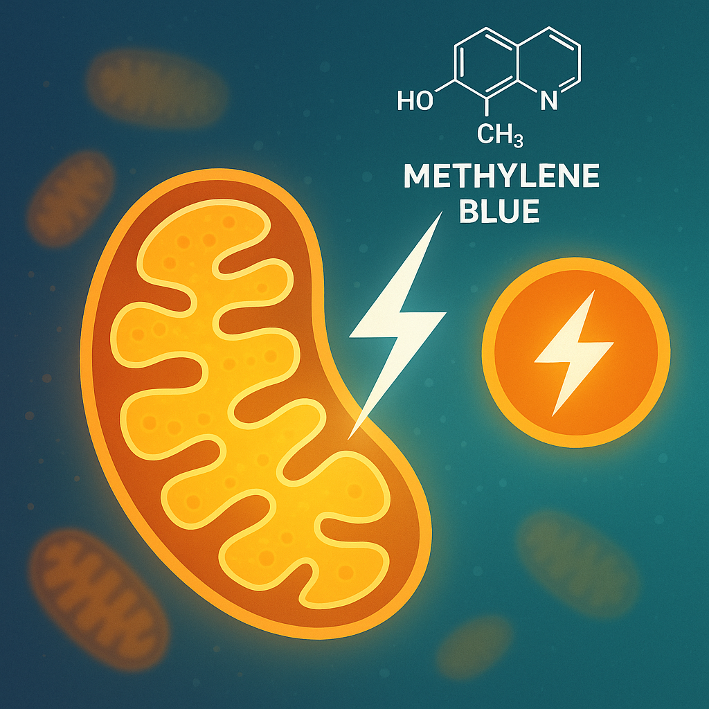 Illustration of mitochondria with methylene blue and energy symbols.