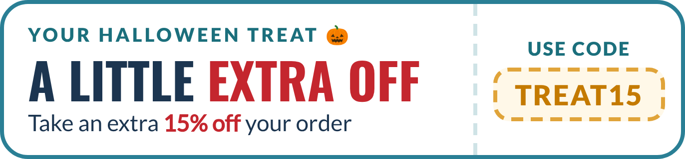 A Halloween coupon banner offering an extra 15% off your order with code TREAT15.