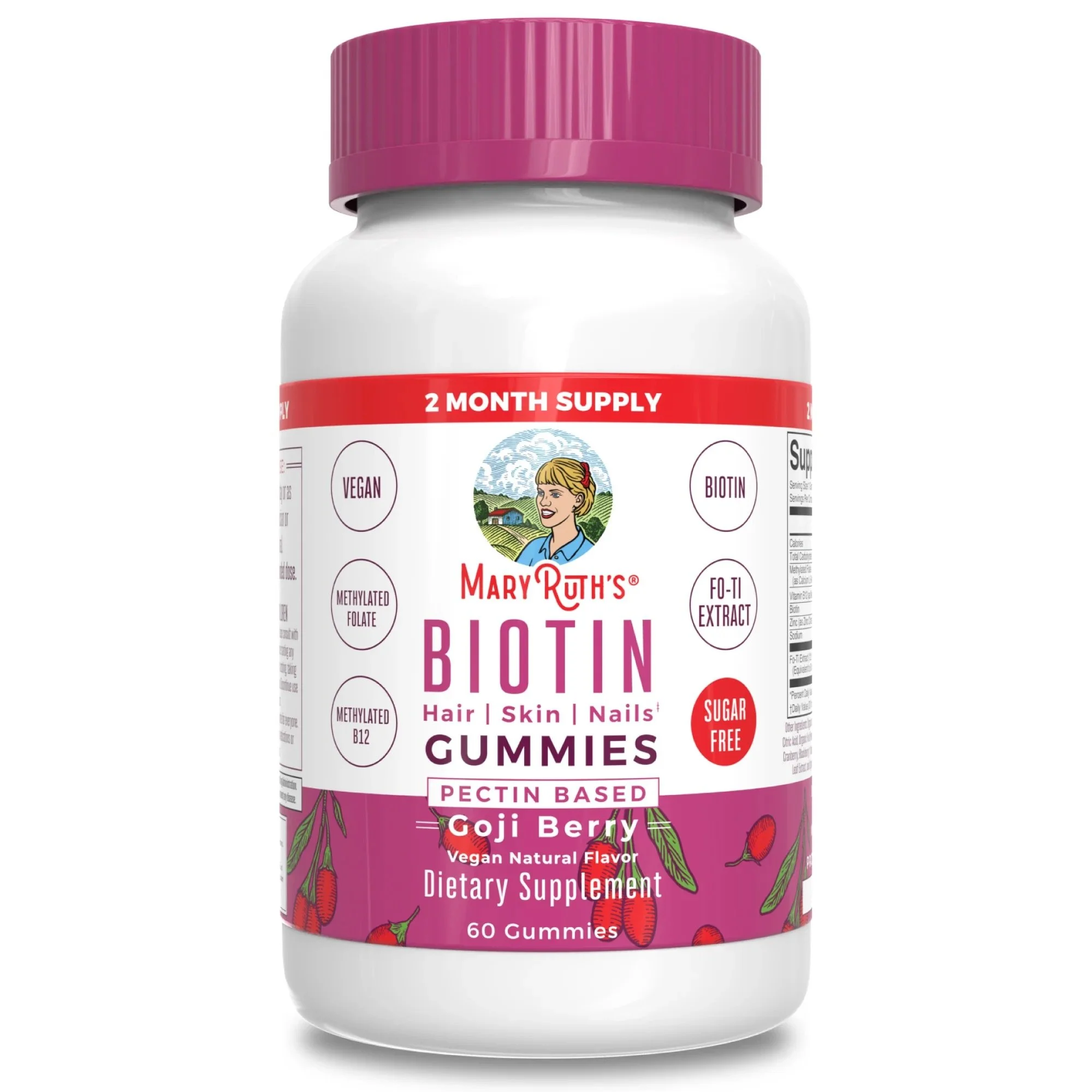 A bottle of Mary Ruth's Biotin Gummies, a dietary supplement with Goji Berry flavor.