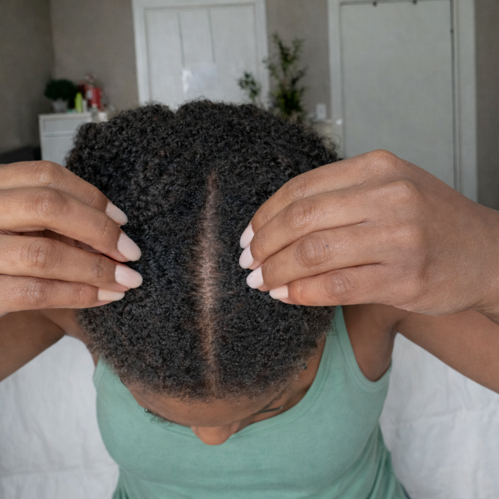 A top-down view of a person parting their short, dark, curly hair with their hands, showing their scalp.
