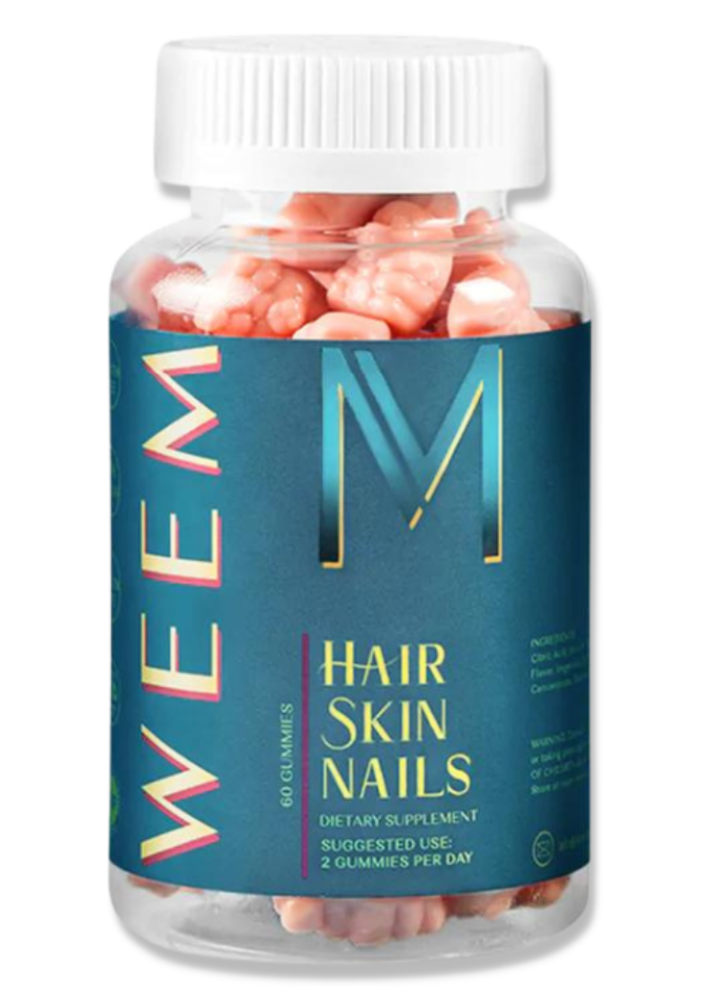 A clear bottle of WEEM Hair, Skin, Nails dietary supplement gummies with a blue label and white cap.