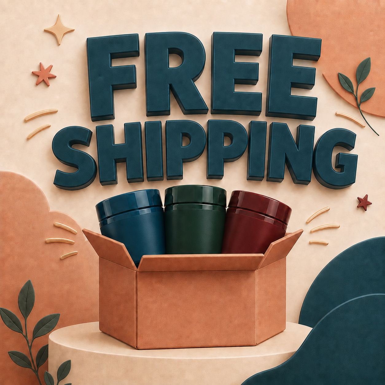 A promotional graphic with 'Free Shipping' text above an open box containing three colorful product jars.