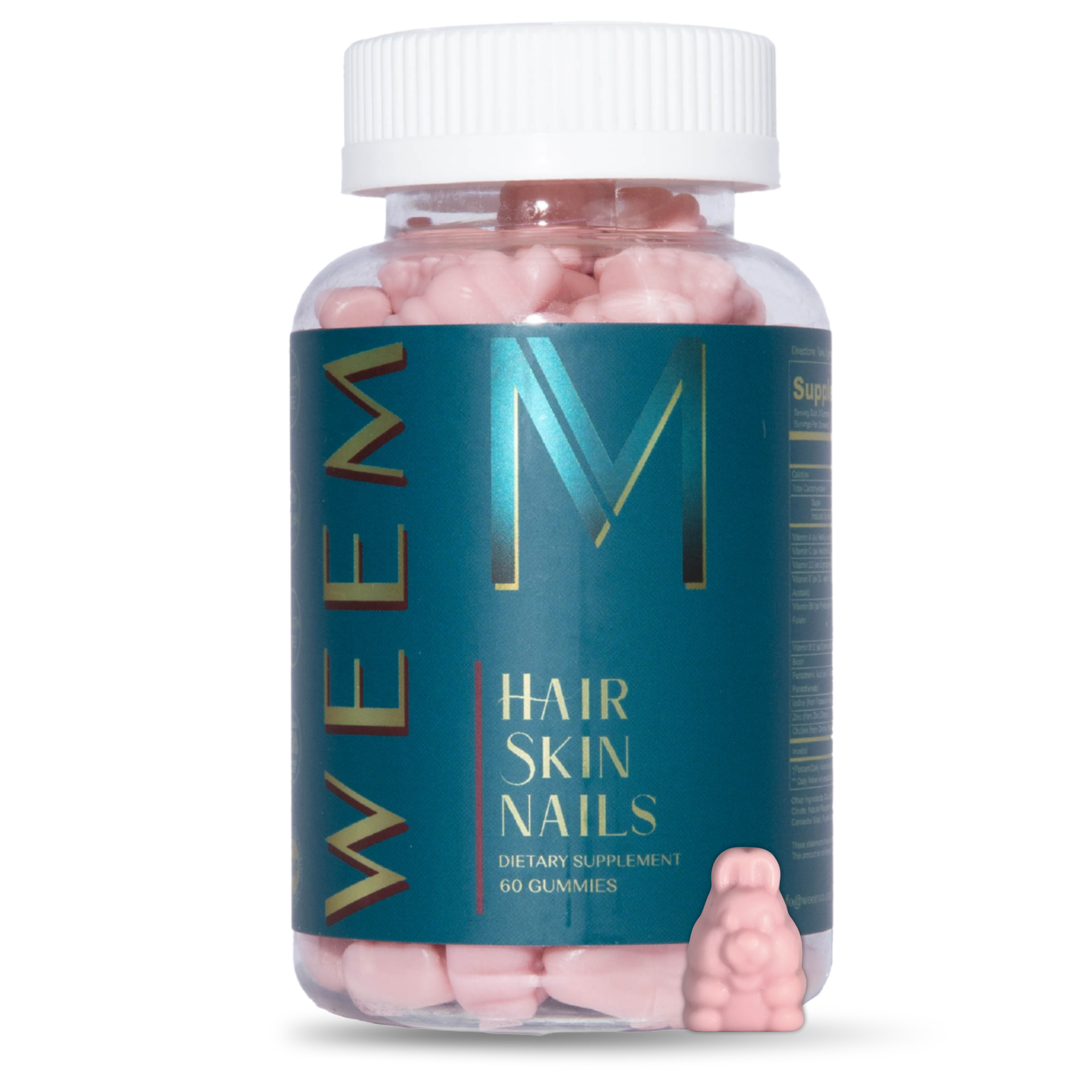 A bottle of WEEM Hair, Skin, Nails gummies, with pink bear-shaped vitamins inside and one outside.