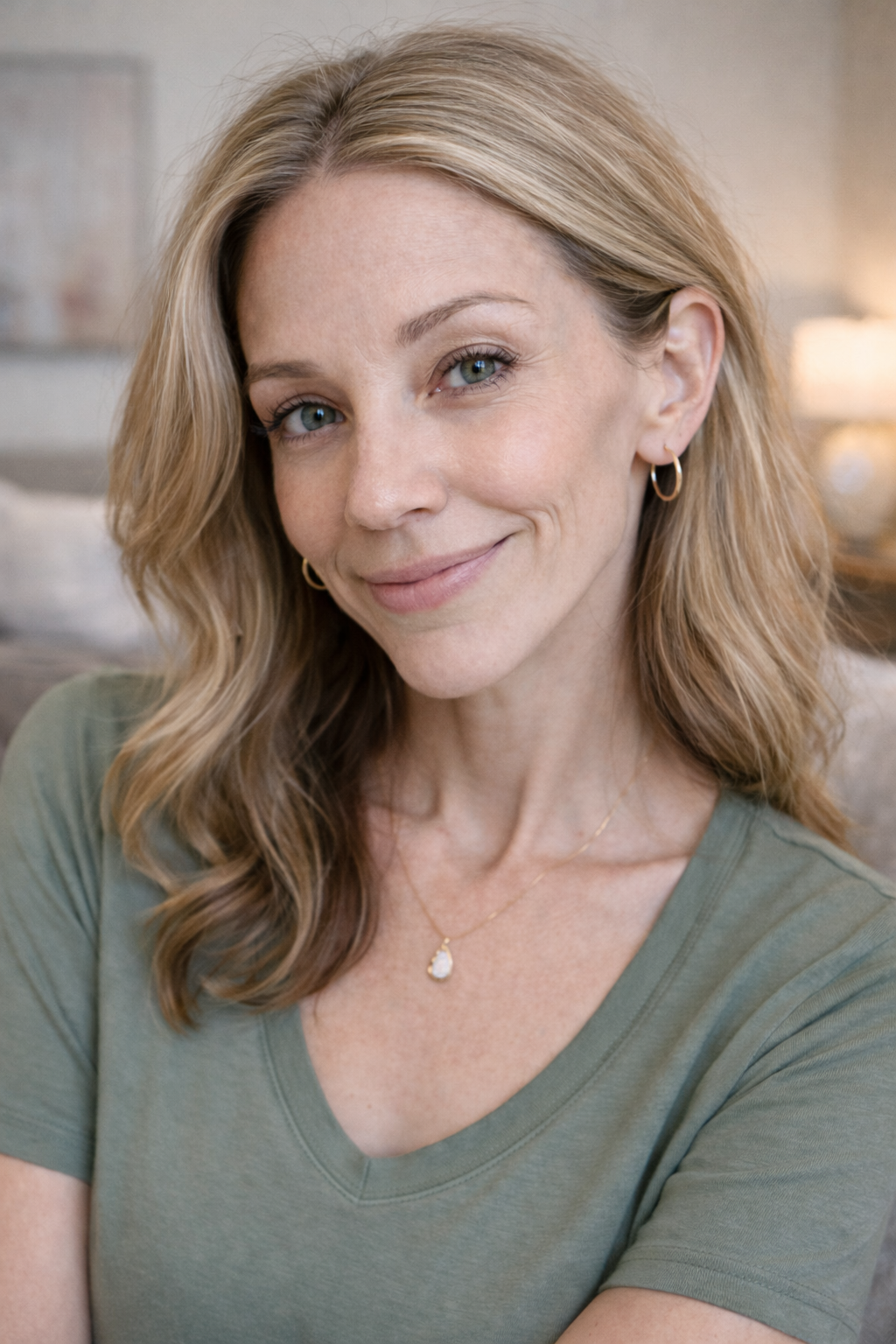 A close-up portrait of a smiling woman with blonde hair, wearing a green v-neck shirt.