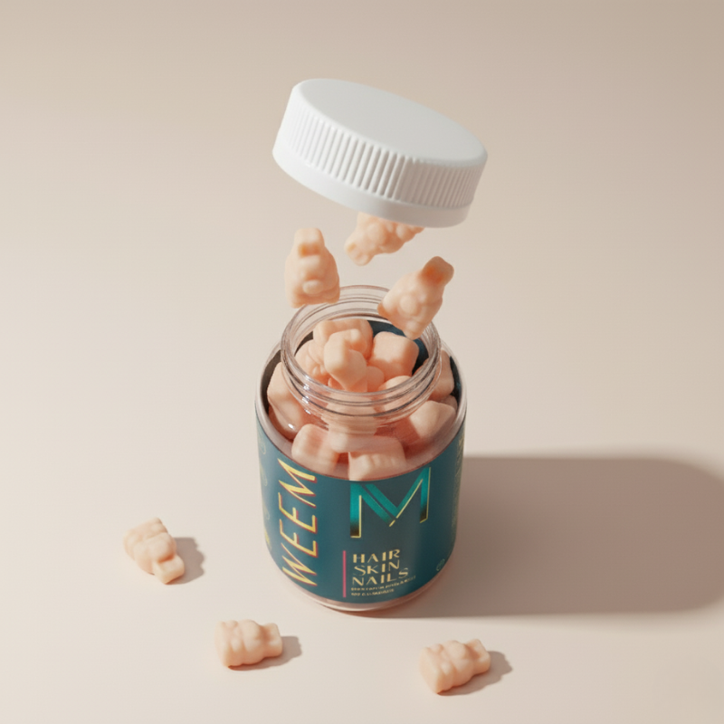 Gummy vitamins spilling from an open jar with a white cap.