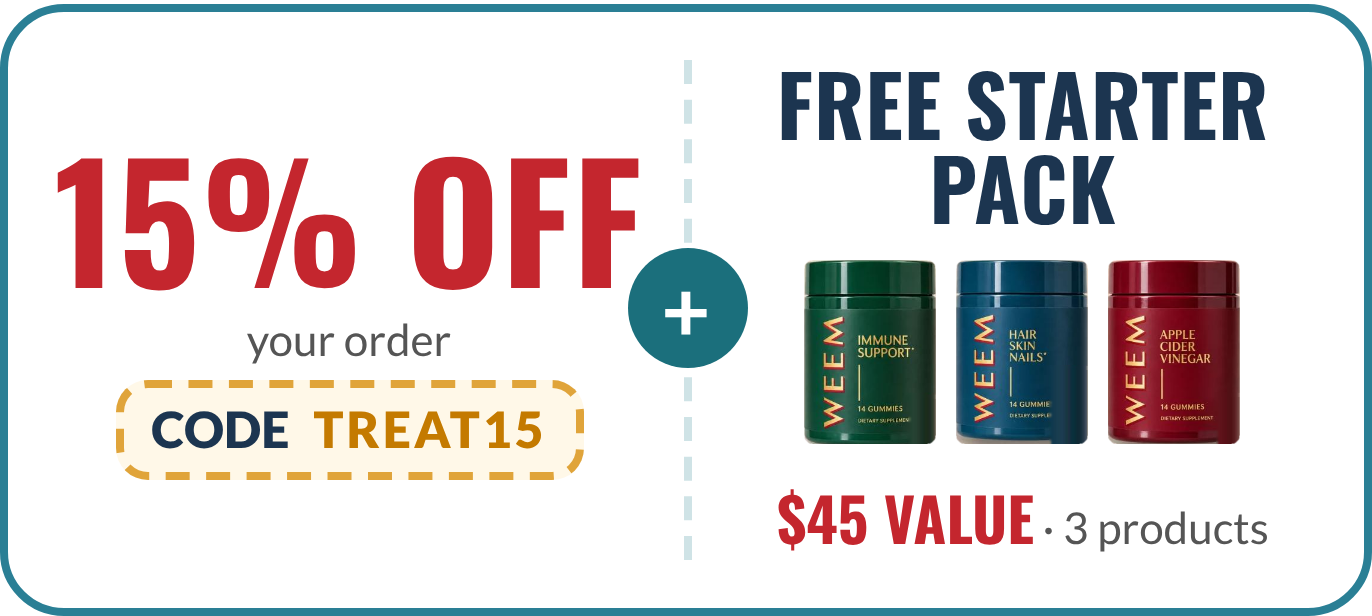 Promotional banner offering 15% off and a free starter pack of three bottles of Weem gummies.
