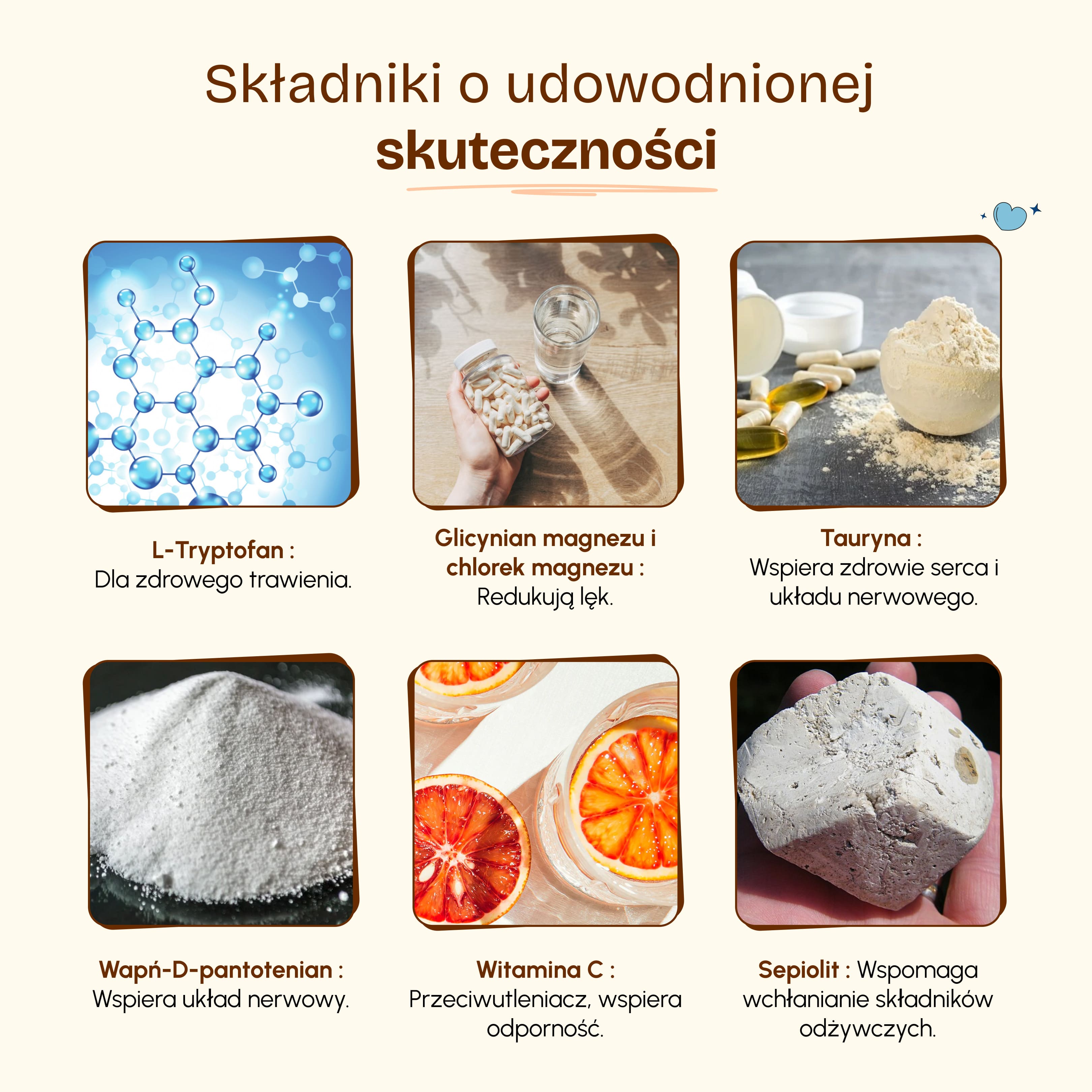 Collage of six images with text about various health supplements.