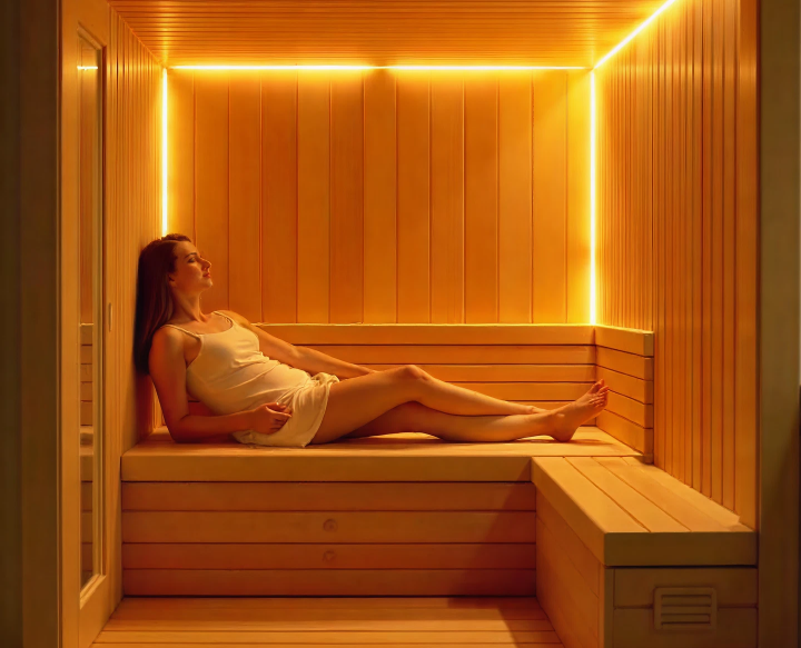 Person relaxing in a wooden sauna with warm lighting.