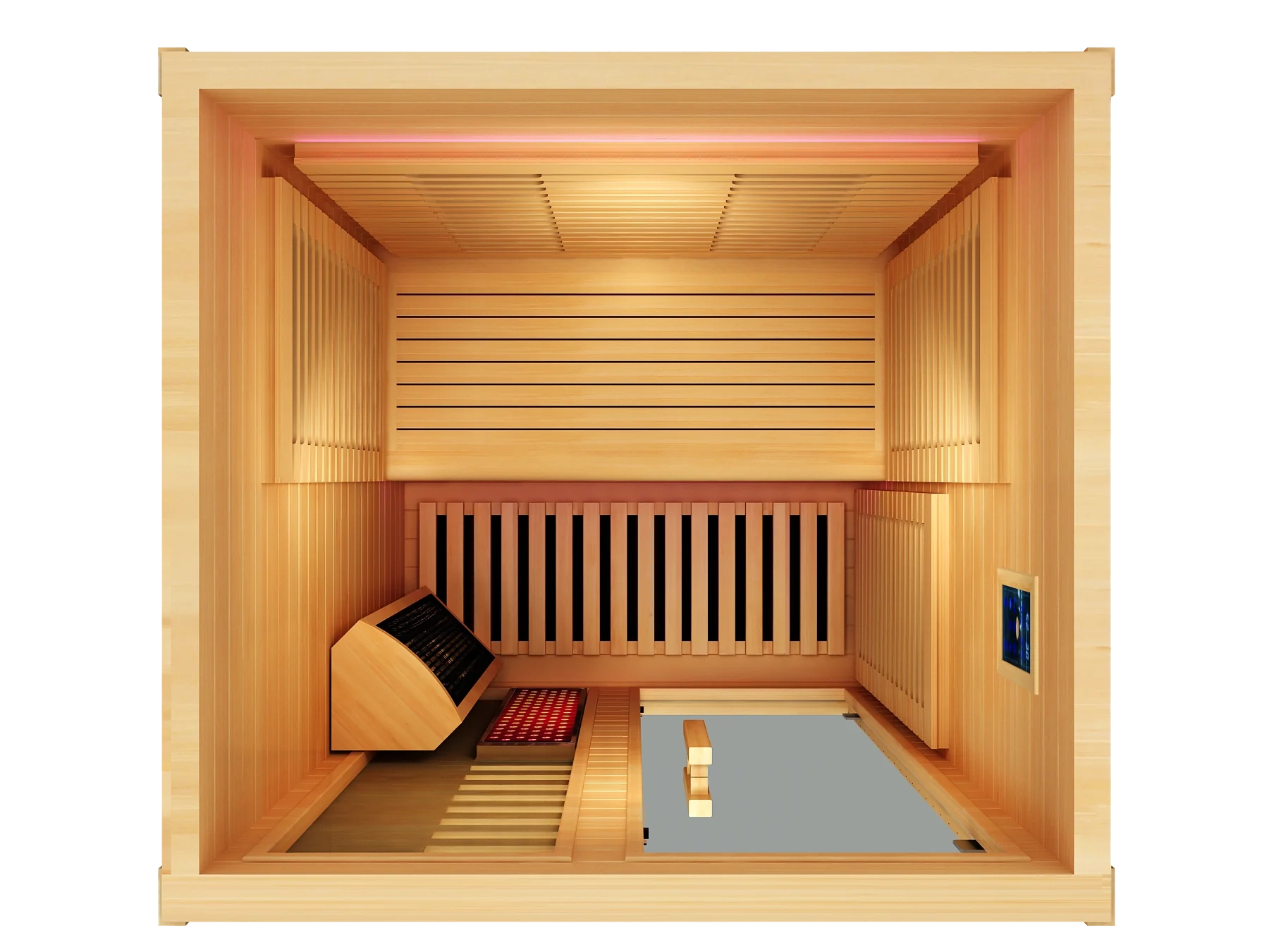 Wooden sauna interior with bench and heater.