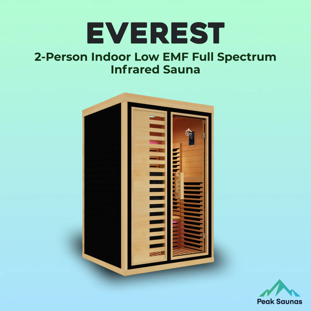 A 2-person indoor infrared sauna with light wood and black panels on a gradient green-blue background.