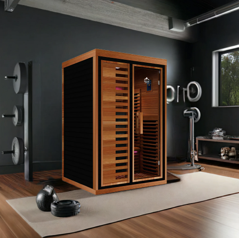 Wooden sauna in a modern home gym with exercise equipment around.