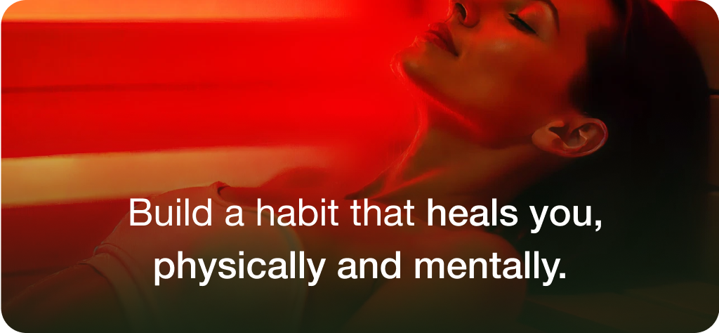 Person relaxing under red light with text overlay about building healing habits.