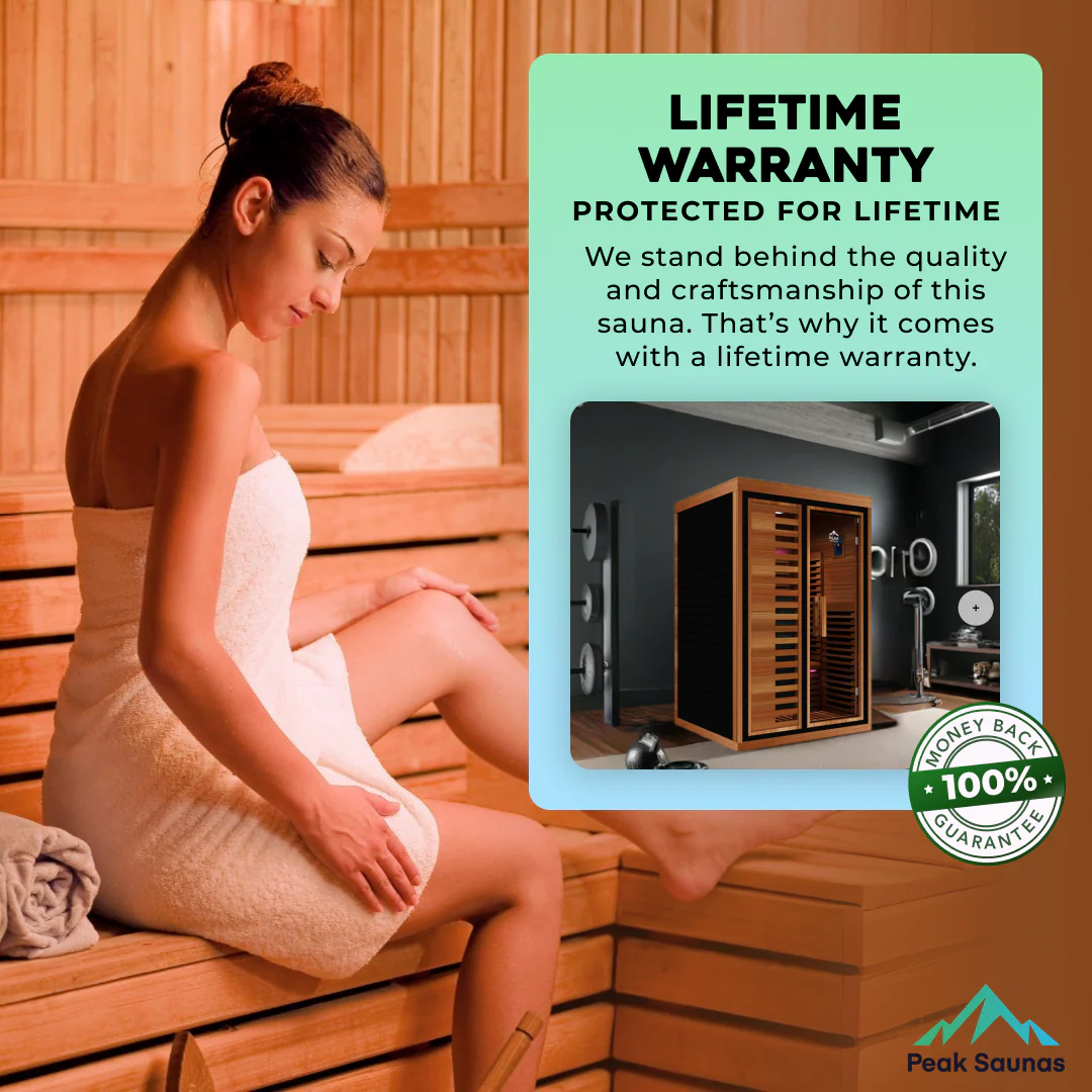 Woman in sauna, wrapped in towel, with sauna warranty and image inset.
