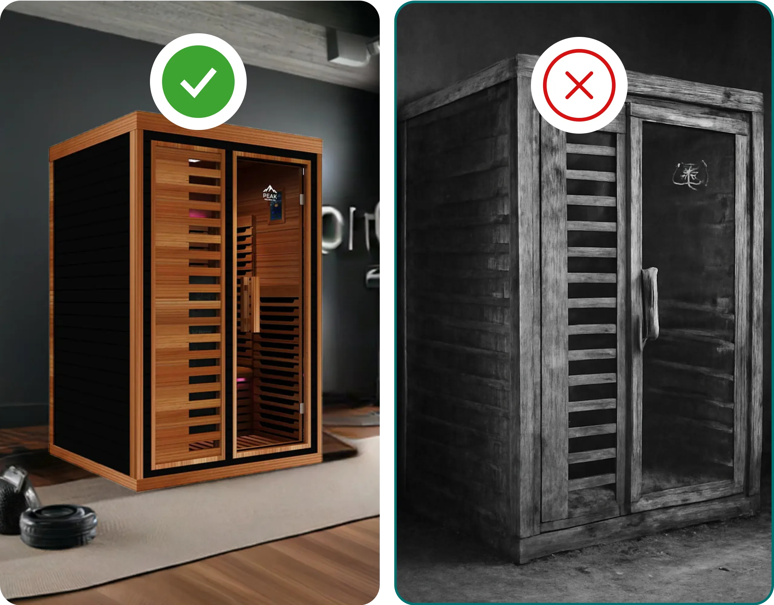 Two wooden sauna rooms; colored one on left with a check mark, grayscale one on right with a cross mark.