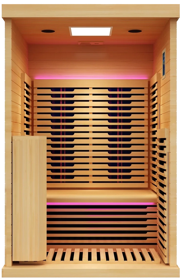 Wooden infrared sauna with pink LED lights inside.