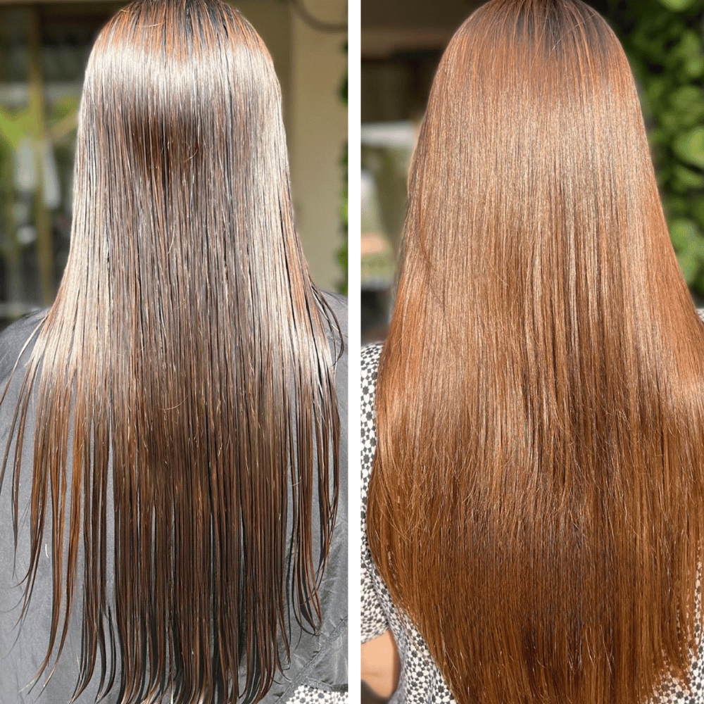 Side-by-side view of wet and dry straight brown hair.