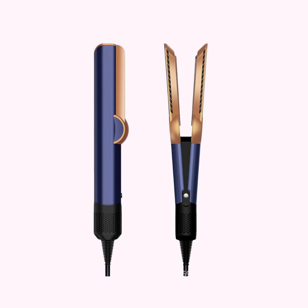 Blue and gold hair straightener with open and closed views.