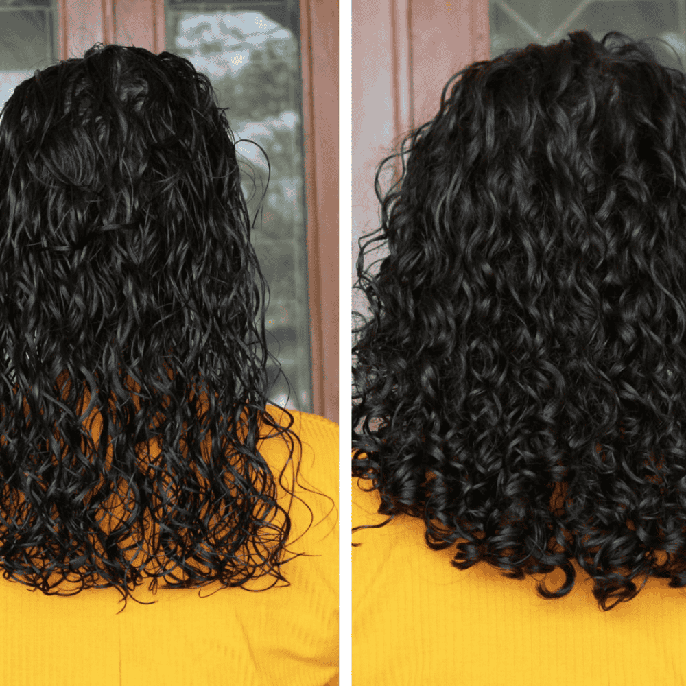 Side-by-side comparison of wet and styled curly hair.