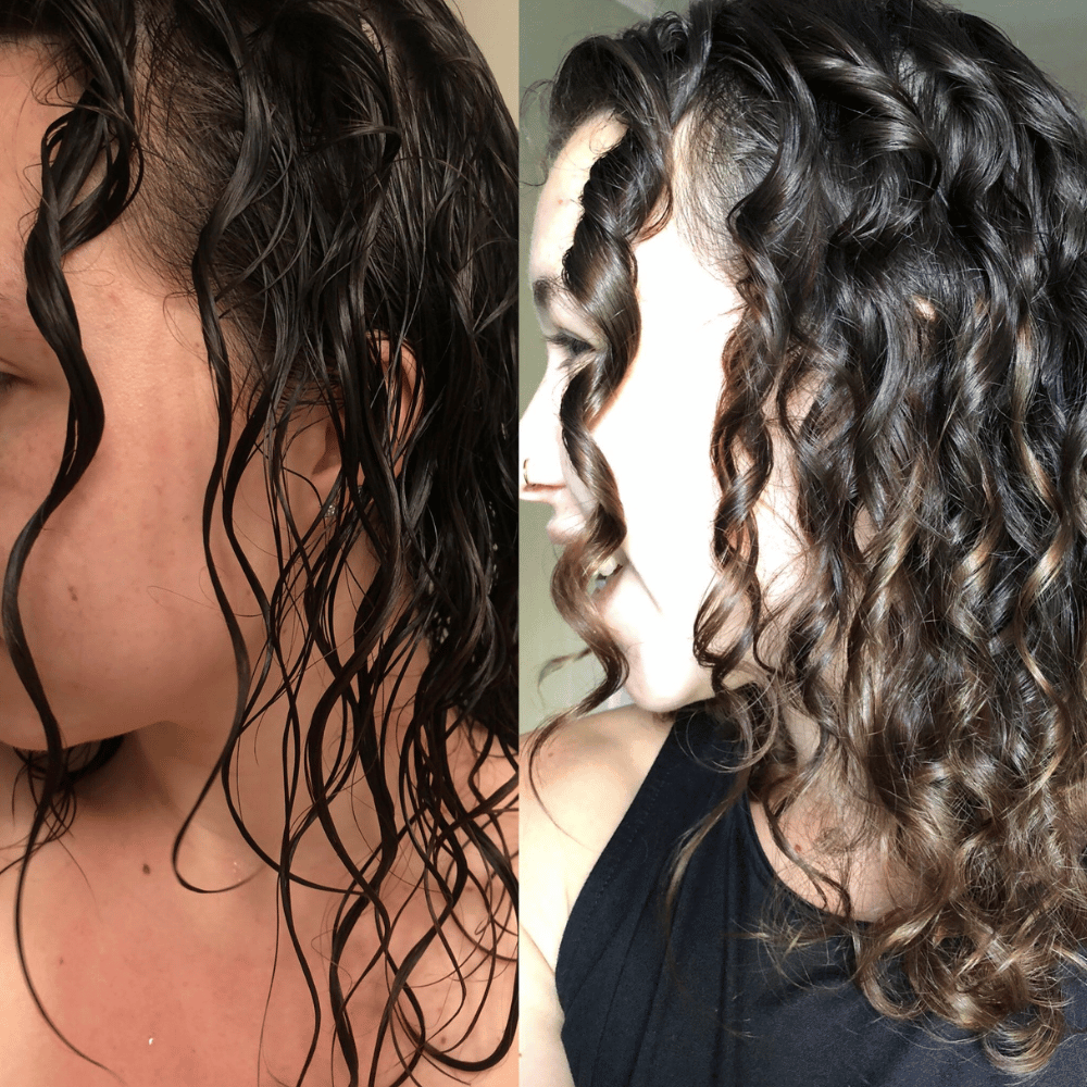 Side-by-side comparison of wet and dry curly hair on a person.