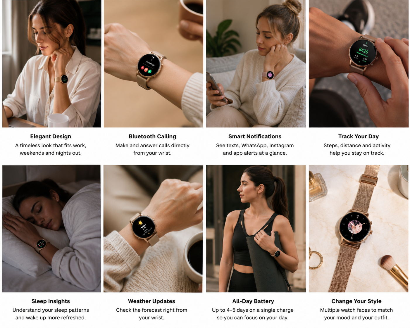 A collage of eight images showing a woman using a smartwatch to illustrate its various features and designs.