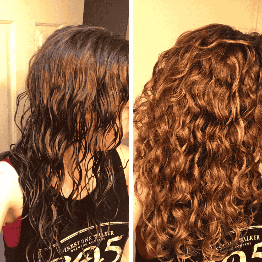 Before and after images showing improved hair curl definition.