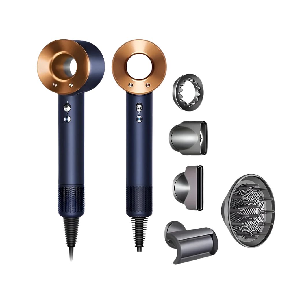 Two blue and copper hair dryers with various attachments on a white background.