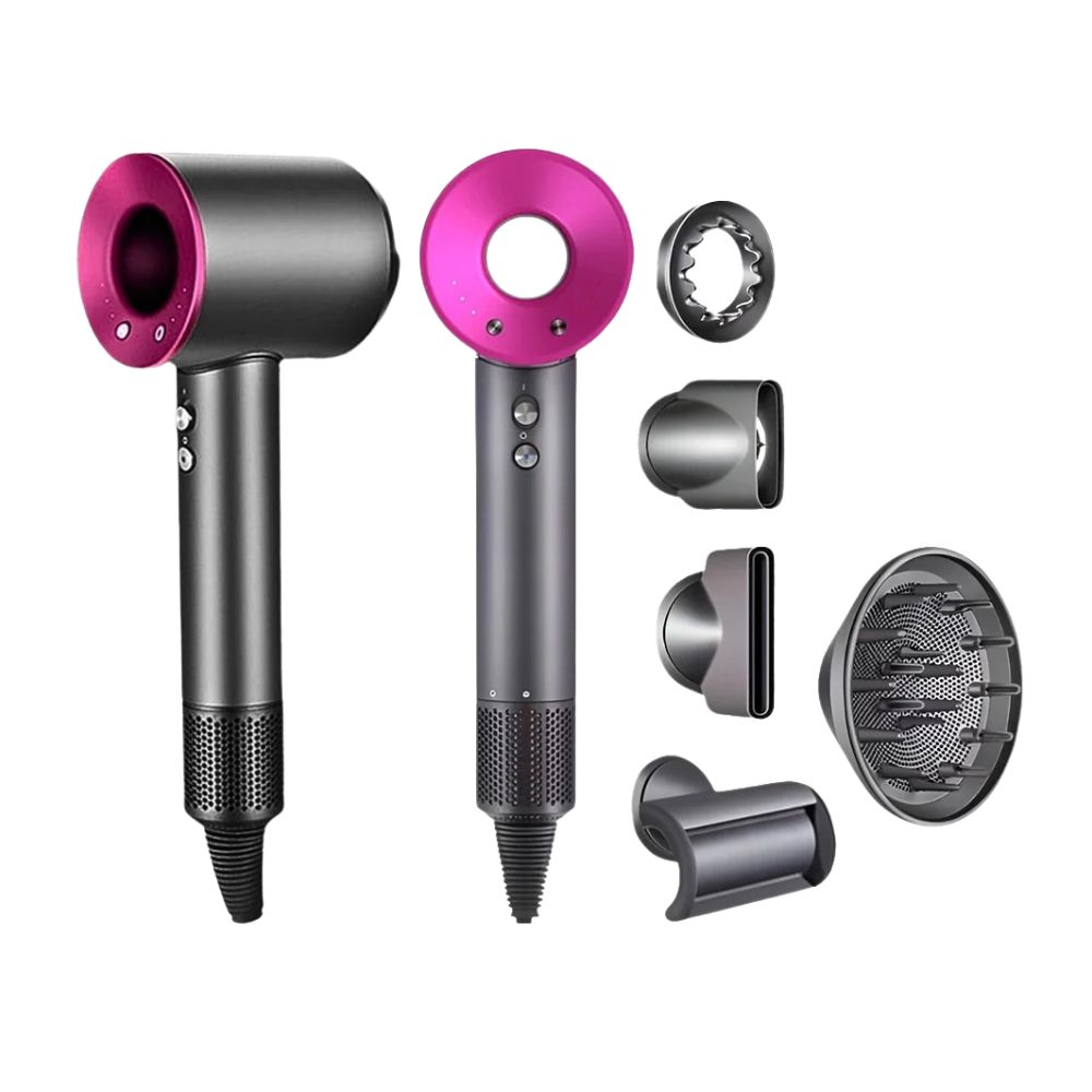 Two hair dryers with pink accents and various attachments.