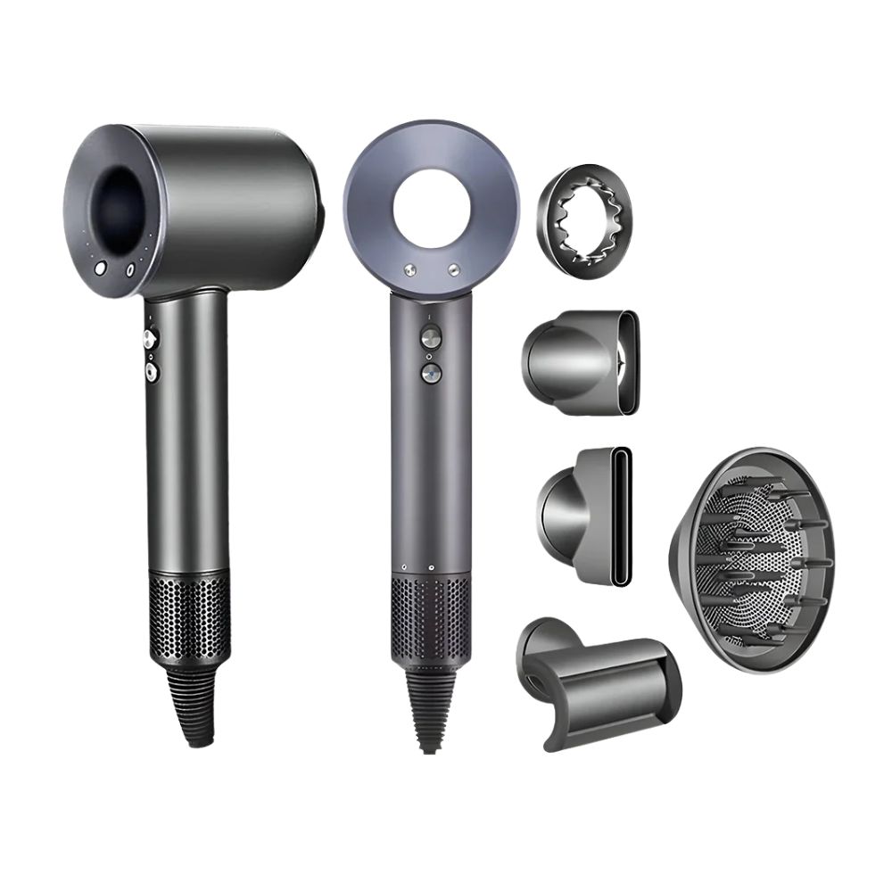 Gray hair dryer with multiple attachments on a white background.