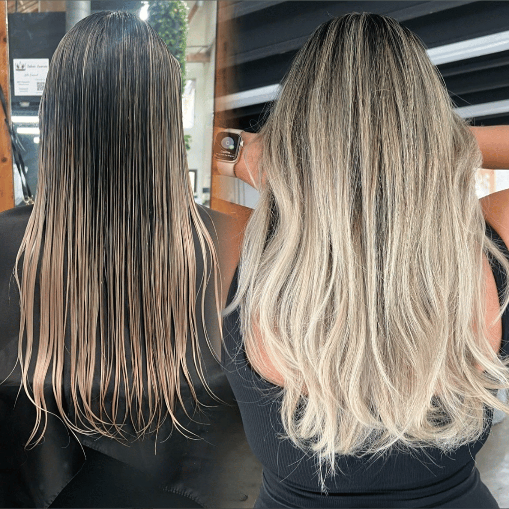 Before and after hair makeover with blonde highlights and added volume.