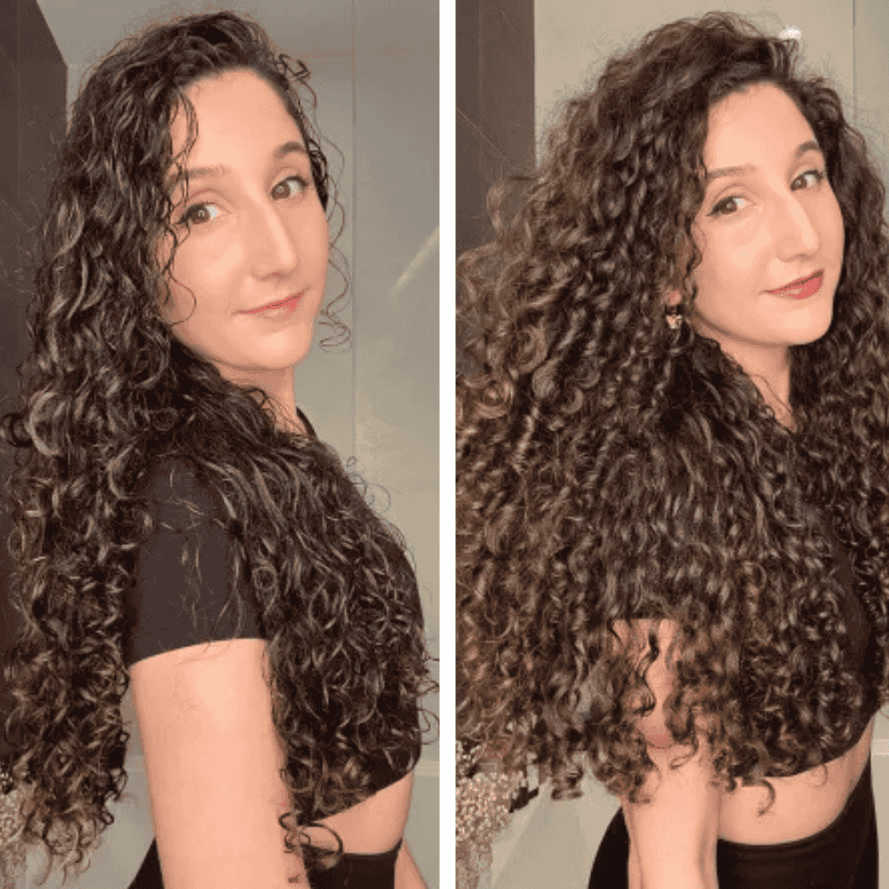 Woman with long curly hair in two different styles.