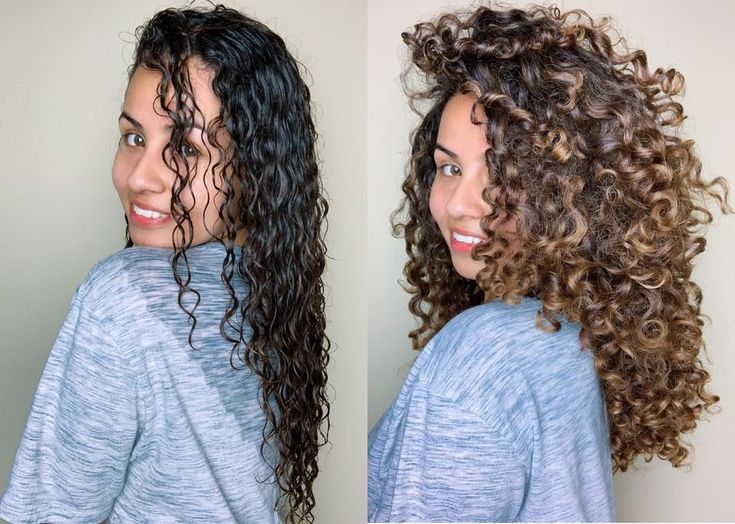 'Side-by-side hair transformation from wet curls to voluminous dry curls.'