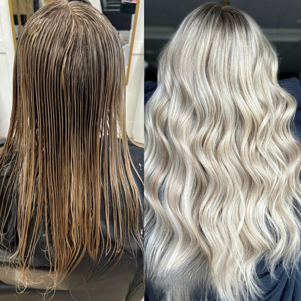 Hair transformation from wet brunette to styled, wavy blonde in a salon.