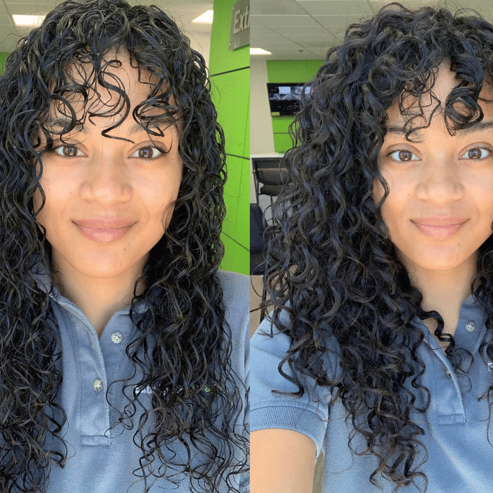 Two side-by-side photos showing a person with long, curly hair in different lighting.