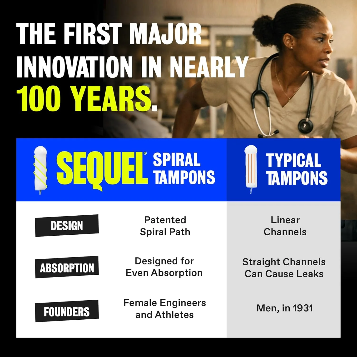 An advertisement for Sequel Spiral Tampons comparing them to typical tampons, with a woman in scrubs looking on.