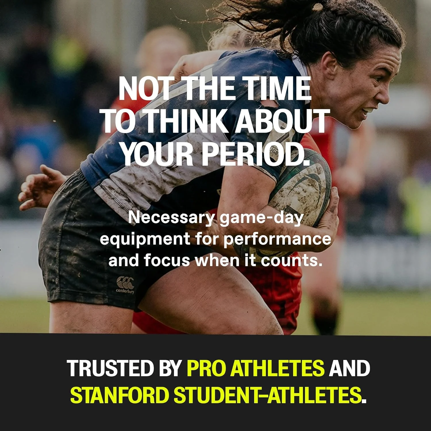 A female rugby player with a determined expression runs with the ball during a match.