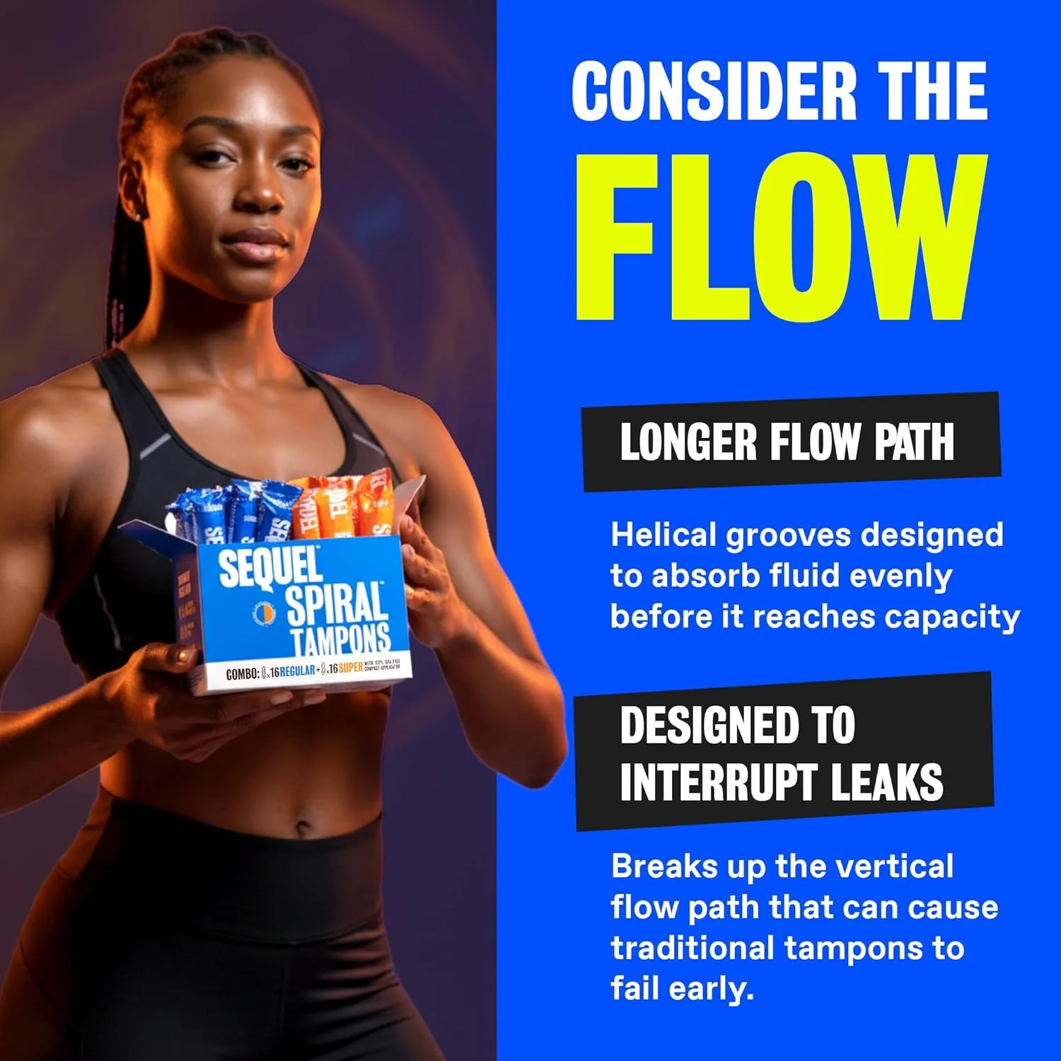 An advertisement showing a woman in athletic wear holding a box of Sequel Spiral Tampons.