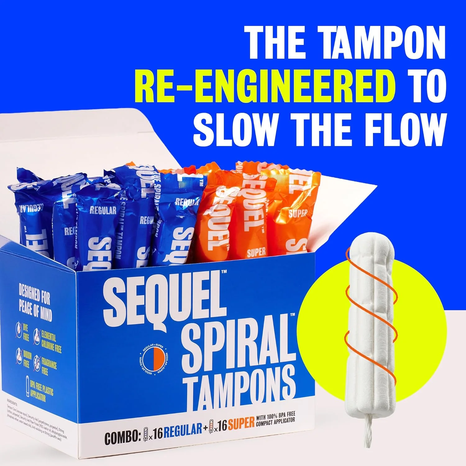An advertisement for Sequel Spiral Tampons showing the product box and a close-up of a single tampon.