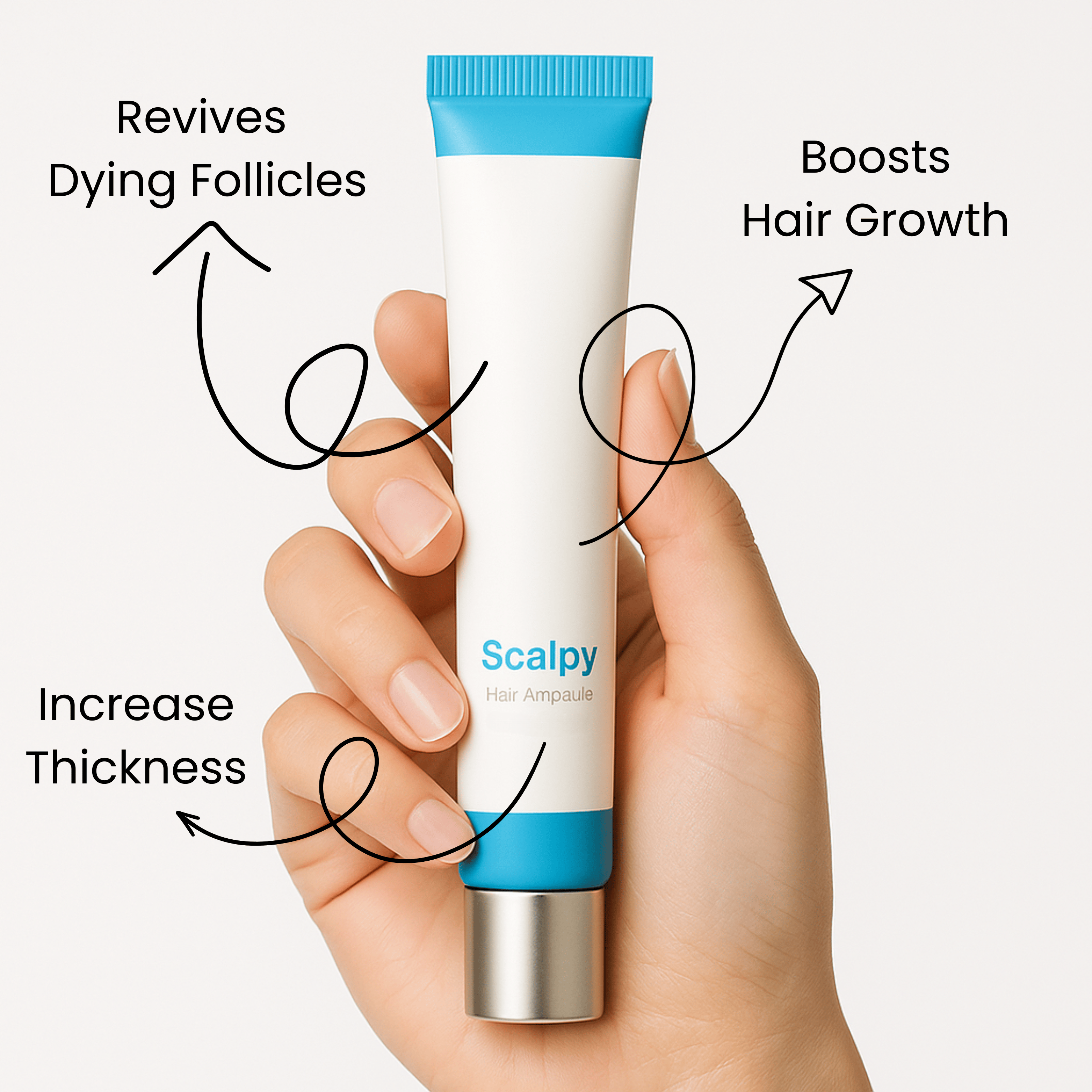 Hand holding a tube labeled 'Scalpy Hair Ampoule' with text about hair benefits.